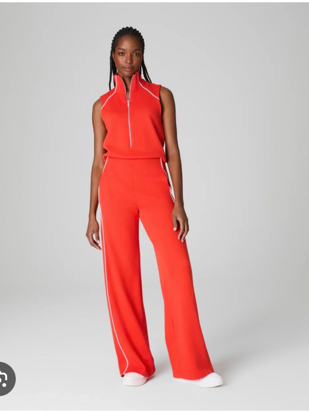 SPANX Red Sleeveless Zip-Front Wide-Leg Jumpsuit with White Piping